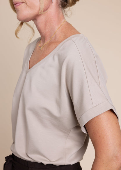ATHENA v-neck, short sleeve top, taupe