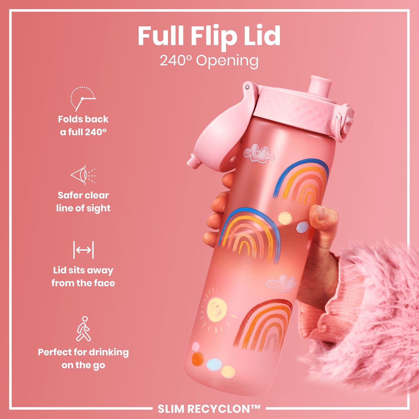 Leak Proof Slim Water Bottle, Recyclon, Rainbows, 500ml (18oz)