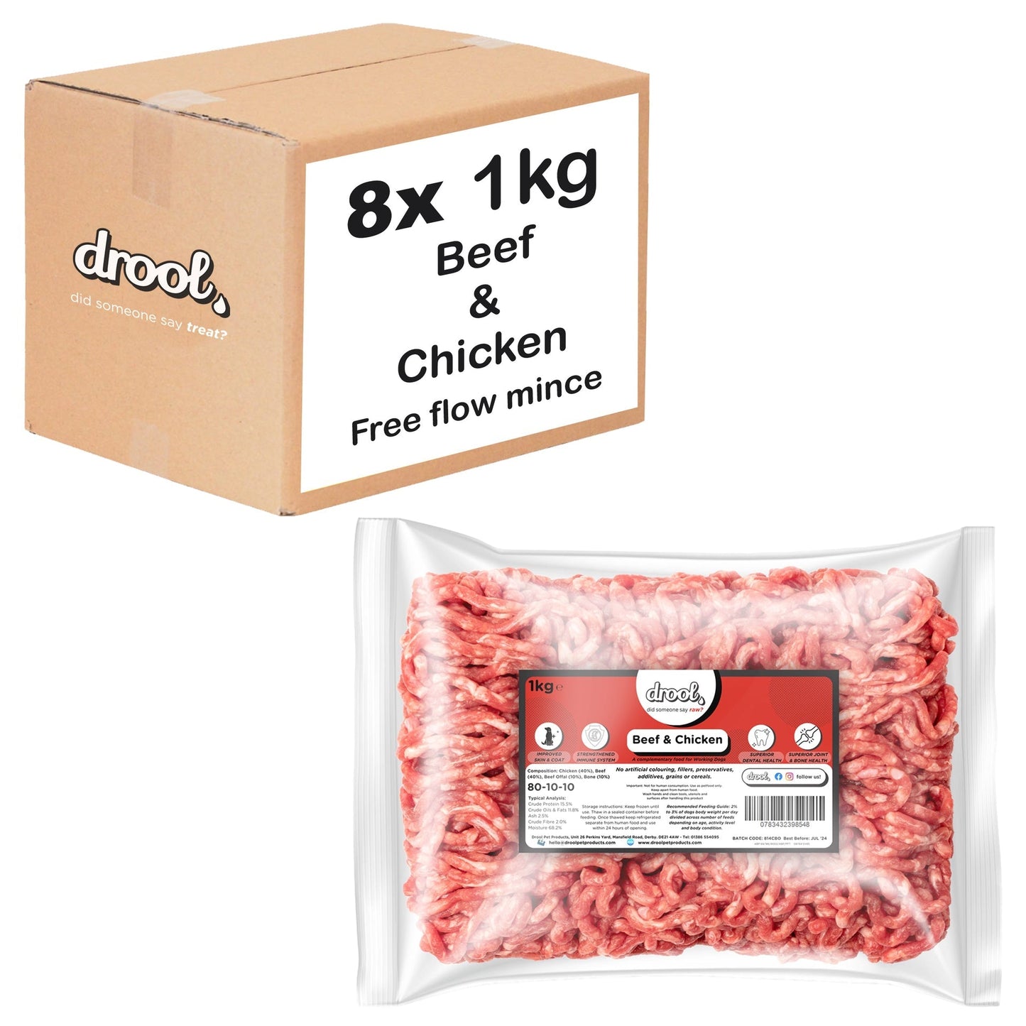 Drool Mince Freeflow Beef & Chicken 1kg - 8 pack box