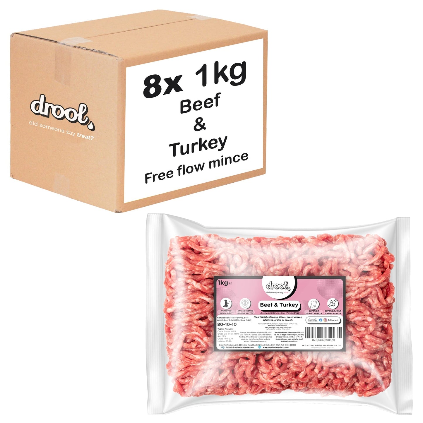 Drool Mince Freeflow Beef & Turkey 1kg - 8 pack box