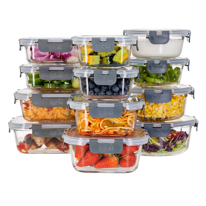 Glass Food Storage Containers with Airtight Lids - Assorted Sizes – 12 PACK