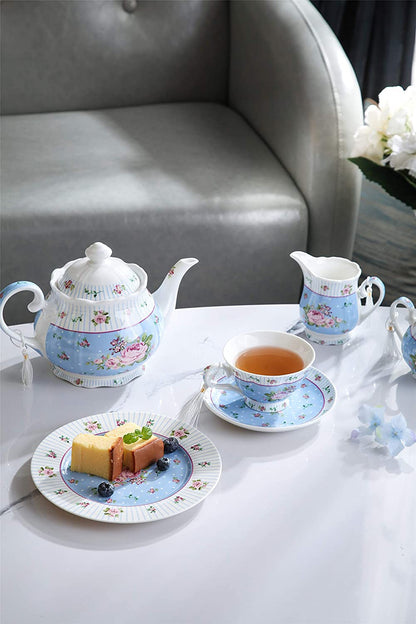 Coffee Tea cups and Saucers set of 2 Vintage Flora Rose Lavender Porcelain Gift Box (Rose Blue 1pc Set)