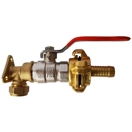 15mm Brass Wall Flange Kit with Lever Valve + Geka 13mm Barbed Set Claw Coupling