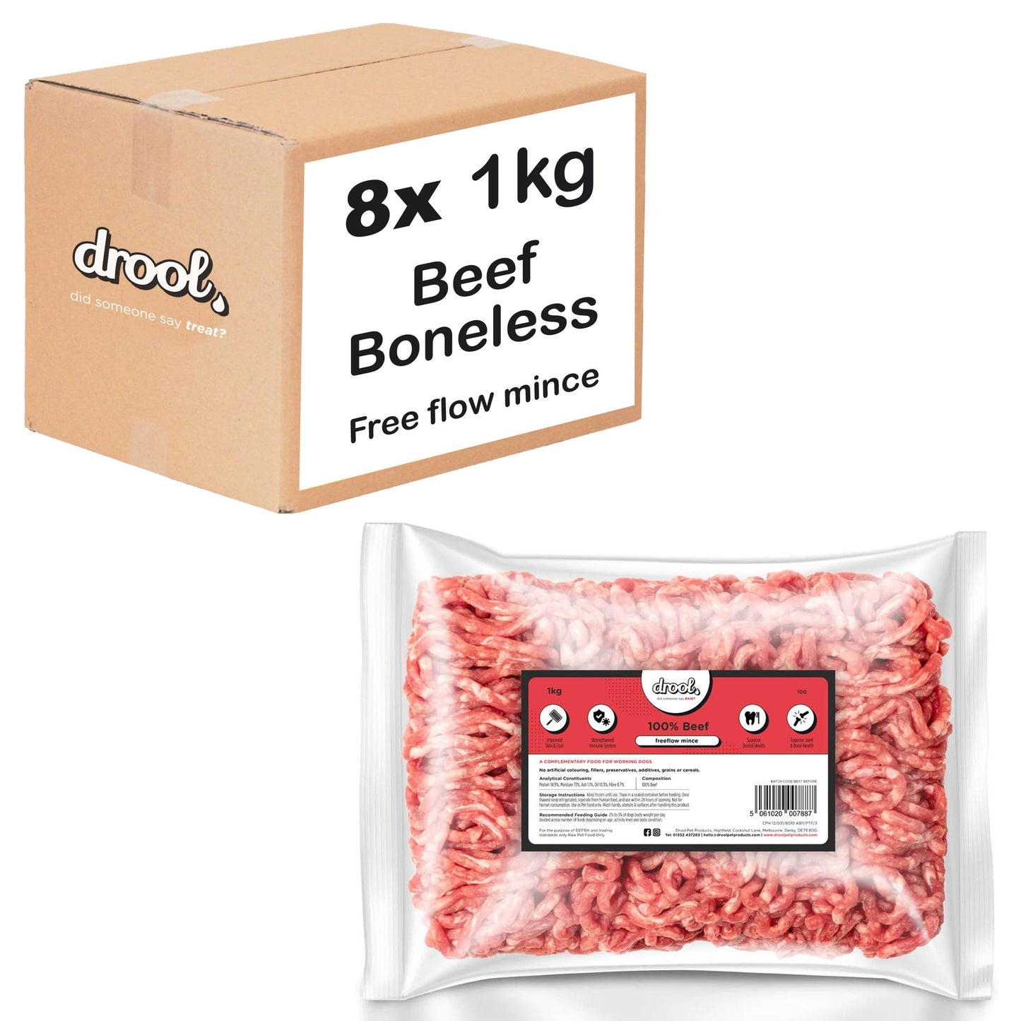 Drool Mince Freeflow Beef Boneless 1kg - 8 pack box