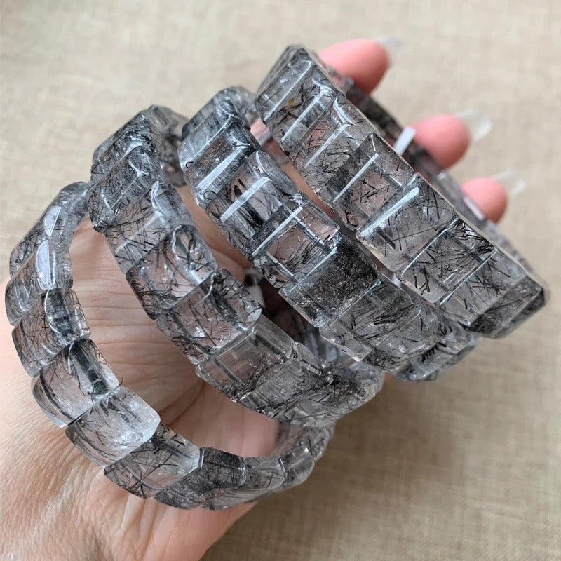 Natural Black Rutilated Quartz Gemstone Bracelet Bangle 16x12mm
