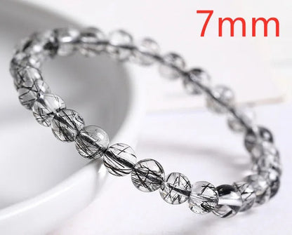 Natural Black Rutilated Quartz Gemstone Bracelet, Size 7-11mm