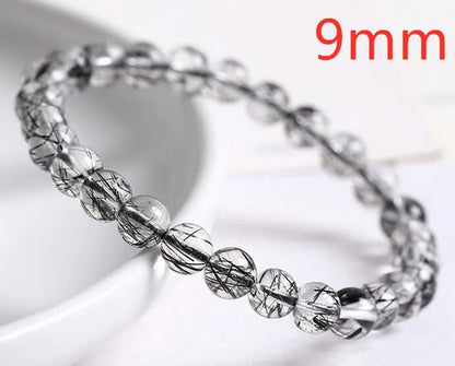 Natural Black Rutilated Quartz Gemstone Bracelet, Size 7-11mm