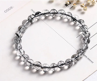 Natural Black Rutilated Quartz Gemstone Bracelet, Size 7-11mm
