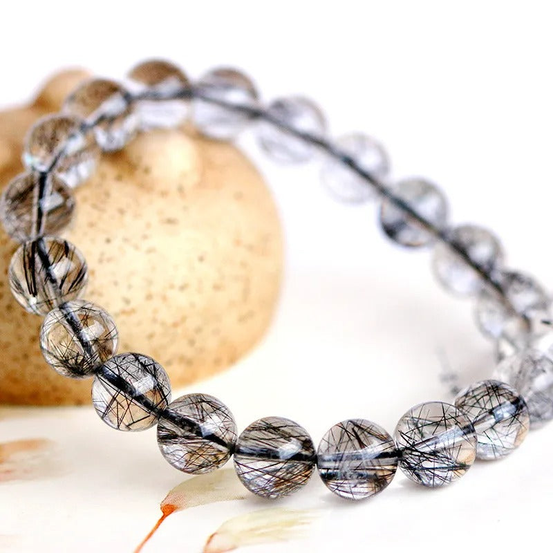 Natural Black Rutilated Quartz Gemstone Bracelet, Size 7-11mm