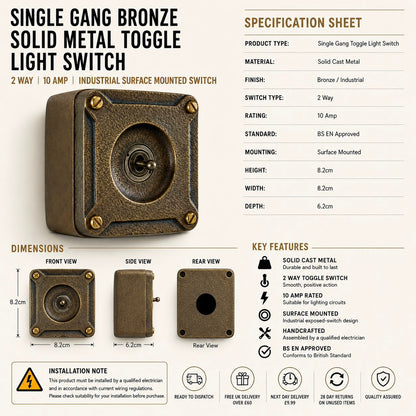 Single Gang Antique Brass Solid Cast Metal Surface Mounting Light Switch Industrial 2 Way - BS EN Approved Vintage Britmac Style
