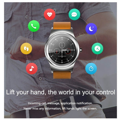 SMA-Round 1.28 inch Color Touch Screen Bluetooth Smart Watch, Waterproof, Support Voice Control / Heart Rate Monitor / Sleep Monitor / Bluetooth Camera, Compatible with Android and iOS System, SMA-Round/Orange Leather Strap, SMA-Round/Silver Leather St...