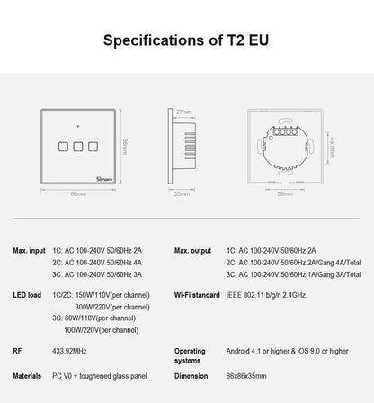 Sonoff T2 Touch 86mm Tempered Glass Panel Wall Switch Smart Home Light Touch Switch, Compatible with Alexa and Google Home, AC 100V-240V, EU Plug, 86mm/ 2 EU Plug