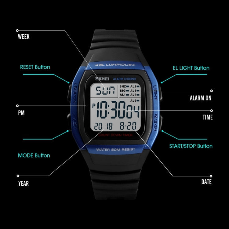 SKMEI 1278 Fashionable Outdoor 50m Waterproof Digital Watch Student Sports Wrist Watch Support 5 Group Alarm Clocks (Titanium), SKMEI 1278