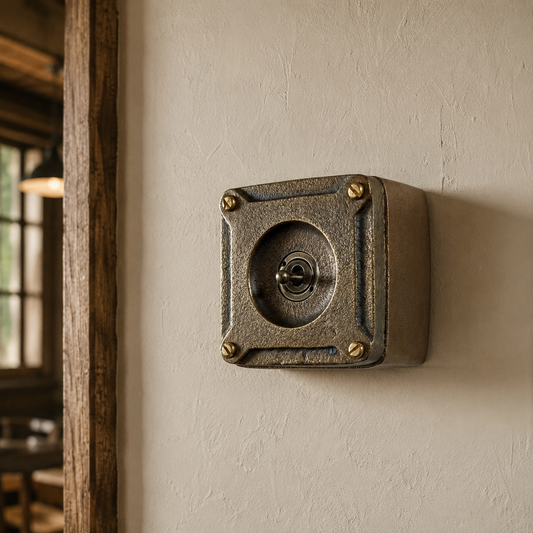 Single Gang Antique Brass Solid Cast Metal Surface Mounting Light Switch Industrial 2 Way - BS EN Approved Vintage Britmac Style