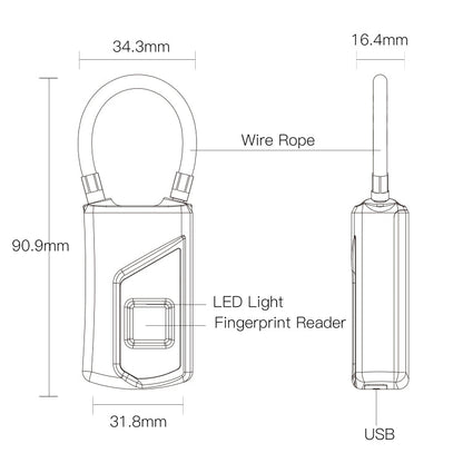 Anytek USB Charging Waterproof Anti-theft Non-password Electrically Intelligent Fingerprint Padlock Size:3.2cm × 3.5cm × 9cm, Anytek USB Charging Padlock