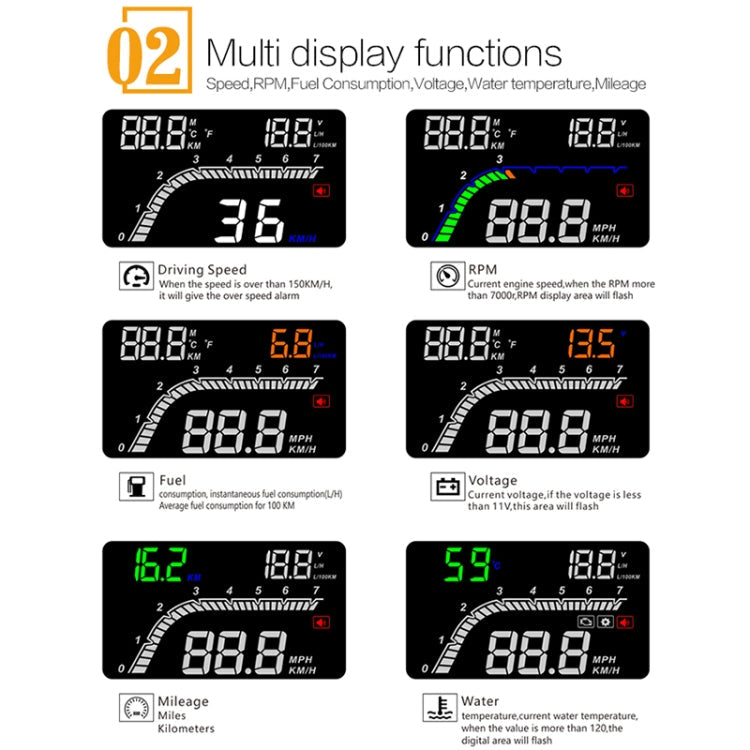 T100 OBD2 4 inch Vehicle-mounted Head Up Display Security System, Support Car Speed / Engine Revolving Speed Display / Instantaneous Fuel Consumption / Detection and Elimination Fault Code, T100