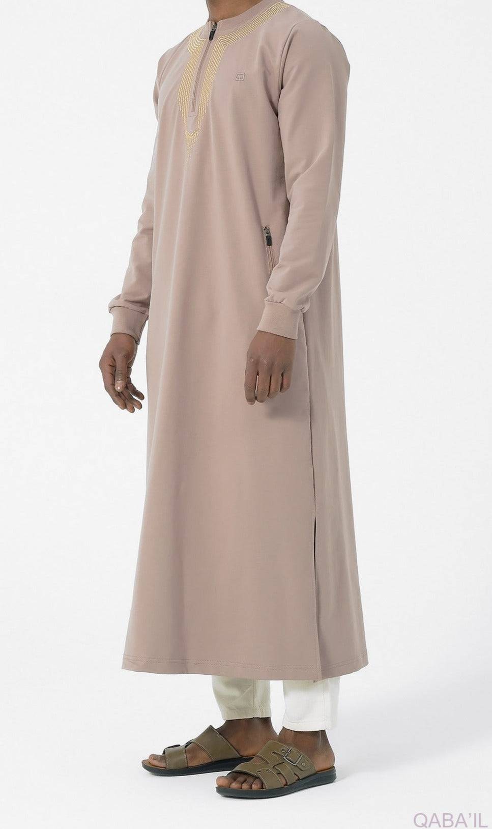 Embroidered Long Thobe for Muslim Men Sham R24 QL in Taupe