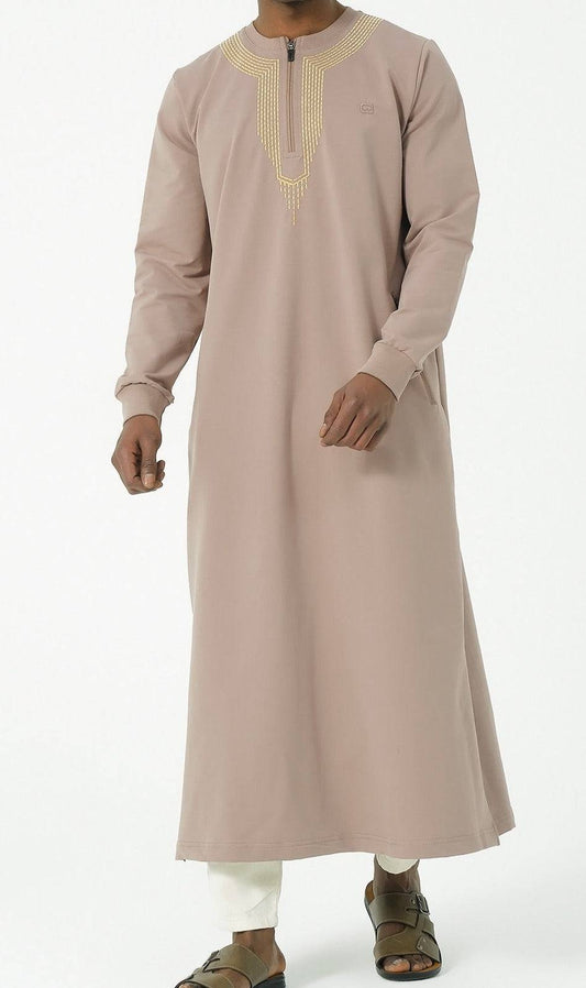 Embroidered Long Thobe for Muslim Men Sham R24 QL in Taupe