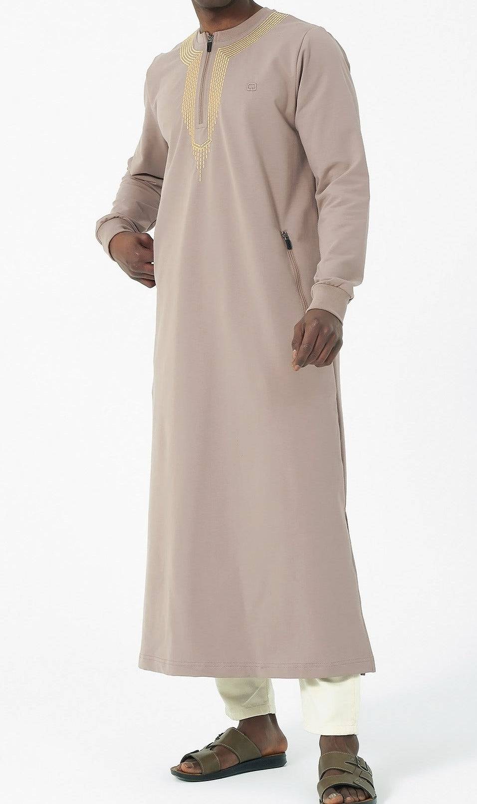 Embroidered Long Thobe for Muslim Men Sham R24 QL in Taupe