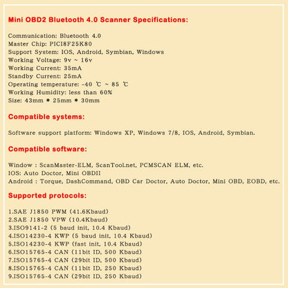 Mini Bluetooth 4.0 ELM327 OBD Car Fault Diagnostic Scanner with Power Switch, Bluetooth 4.0 with Power Switch