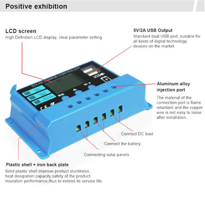 20A Solar Charge Controller 12V / 24V Lithium Lead-Acid Battery Charge Discharge PV Controller, 20A