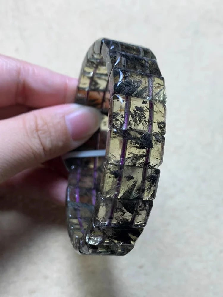 Natural Cacoxenite Purple Gold Rutilated Quartz Gemstone Bracelet, Bead Sizes 16x12mm
