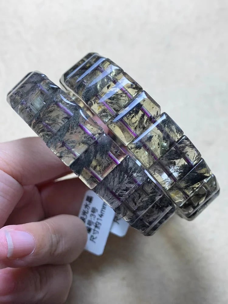 Natural Cacoxenite Purple Gold Rutilated Quartz Gemstone Bracelet, Bead Sizes 16x12mm