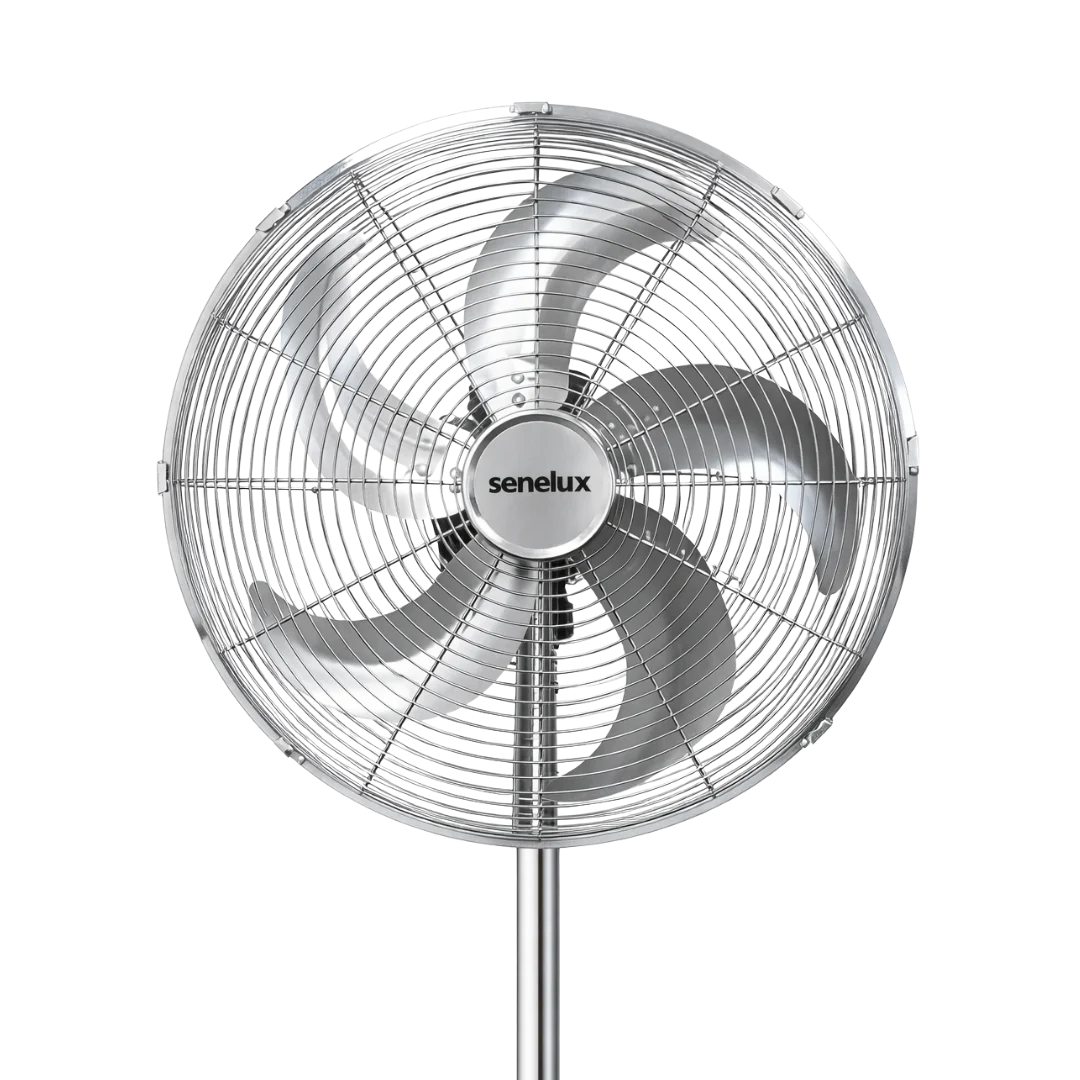Senelux 16 Inch Metal Pedestal Floor Fan, Chrome Standing Fan with 5 Blades, Oscillating Function, 3 Speed Settings, Adjustable Height