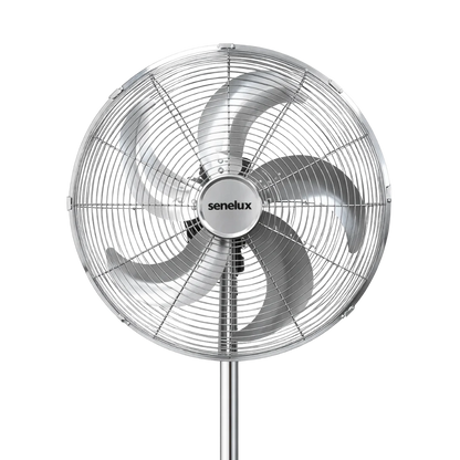 Senelux 16 Inch Metal Pedestal Floor Fan, Chrome Standing Fan with 5 Blades, Oscillating Function, 3 Speed Settings, Adjustable Height