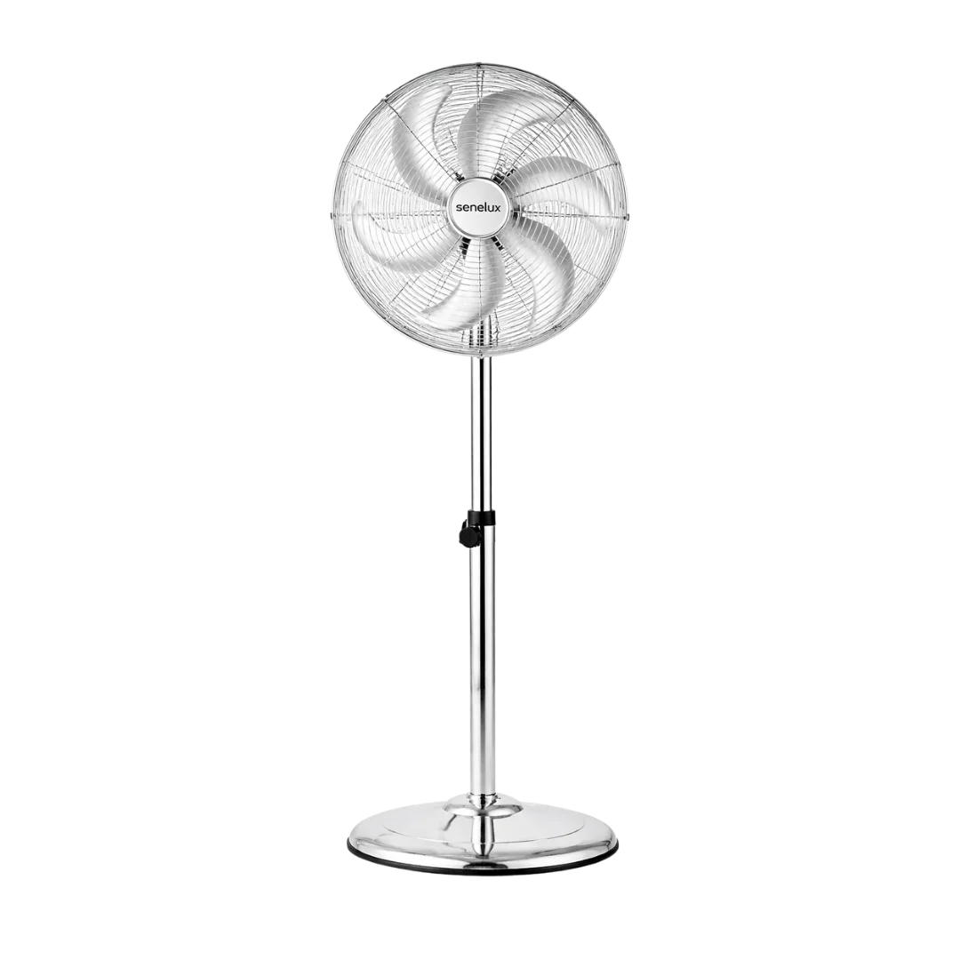 Senelux 16 Inch Metal Pedestal Floor Fan, Chrome Standing Fan with 5 Blades, Oscillating Function, 3 Speed Settings, Adjustable Height