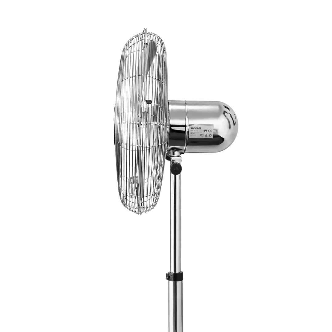 Senelux 16 Inch Metal Pedestal Floor Fan, Chrome Standing Fan with 5 Blades, Oscillating Function, 3 Speed Settings, Adjustable Height
