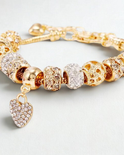 Sparkly Gold-Tone European Charm Bracelet with Pavé Crystal Beads & Heart Dangle Charm