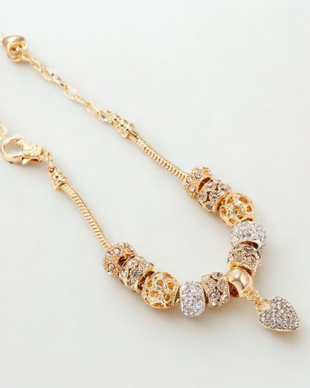 Sparkly Gold-Tone European Charm Bracelet with Pavé Crystal Beads & Heart Dangle Charm