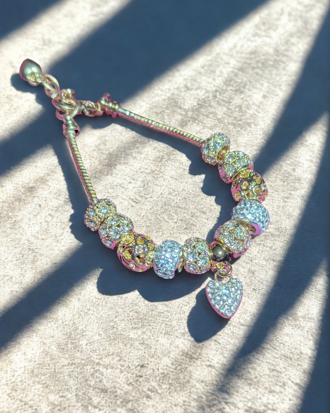 Sparkly Gold-Tone European Charm Bracelet with Pavé Crystal Beads & Heart Dangle Charm