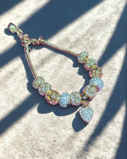 Sparkly Gold-Tone European Charm Bracelet with Pavé Crystal Beads & Heart Dangle Charm