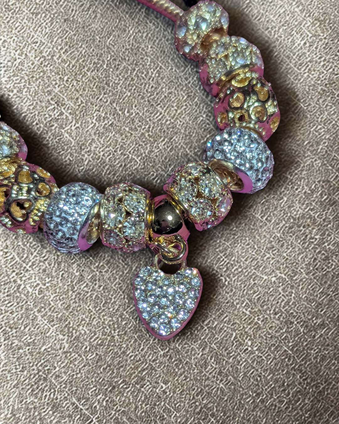 Sparkly Gold-Tone European Charm Bracelet with Pavé Crystal Beads & Heart Dangle Charm