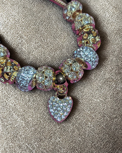 Sparkly Gold-Tone European Charm Bracelet with Pavé Crystal Beads & Heart Dangle Charm