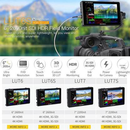 FEELWORLD LUT6S 1920x1080 2600 nits 6 inch IPS Screen HDMI 4K Touch Screen SDI HDI Camera Field Monitor, LUT6S
