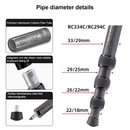 BEXIN RC334 Portable Collapsible Carbon Fiber Camera Tripod with K44 Panoramic BallHead, RC334+K44