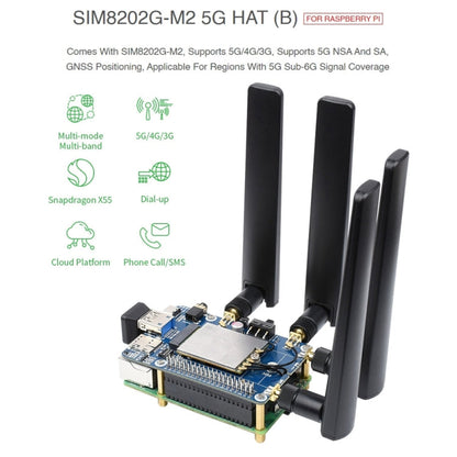 Waveshare SIM8202G-M2 5G HAT B Multi Band Snapdragon X55 Module Board for Raspberry Pi, SIM8202G-M2 5G HAT B