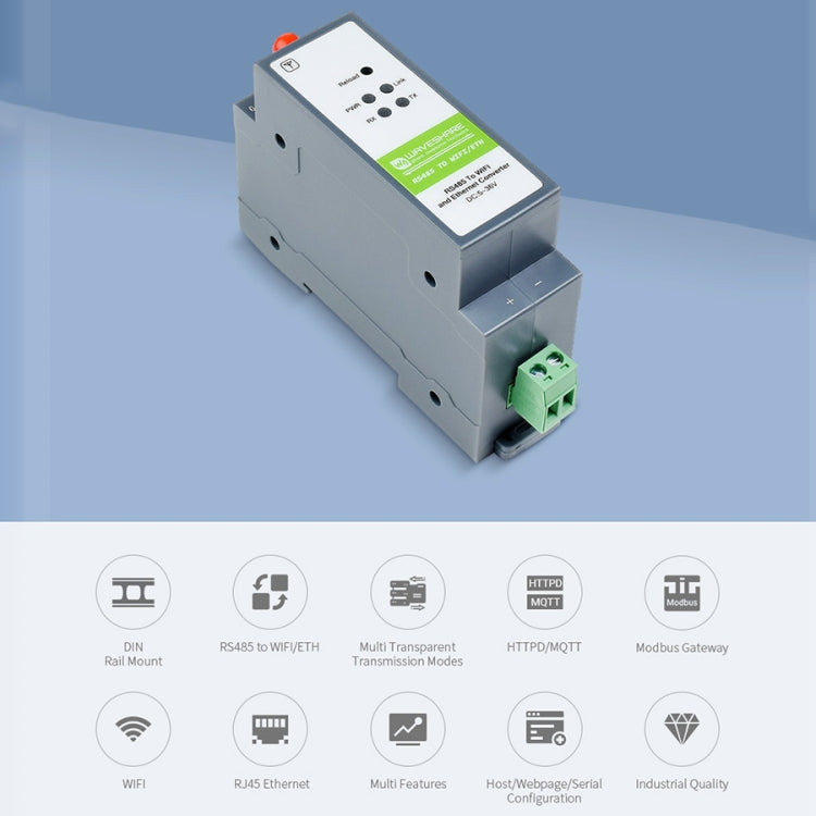 Waveshare Rail-Mount Serial Server RS485 to WIFI/Ethernet Module, Modbus MQTT Gateway, 21968