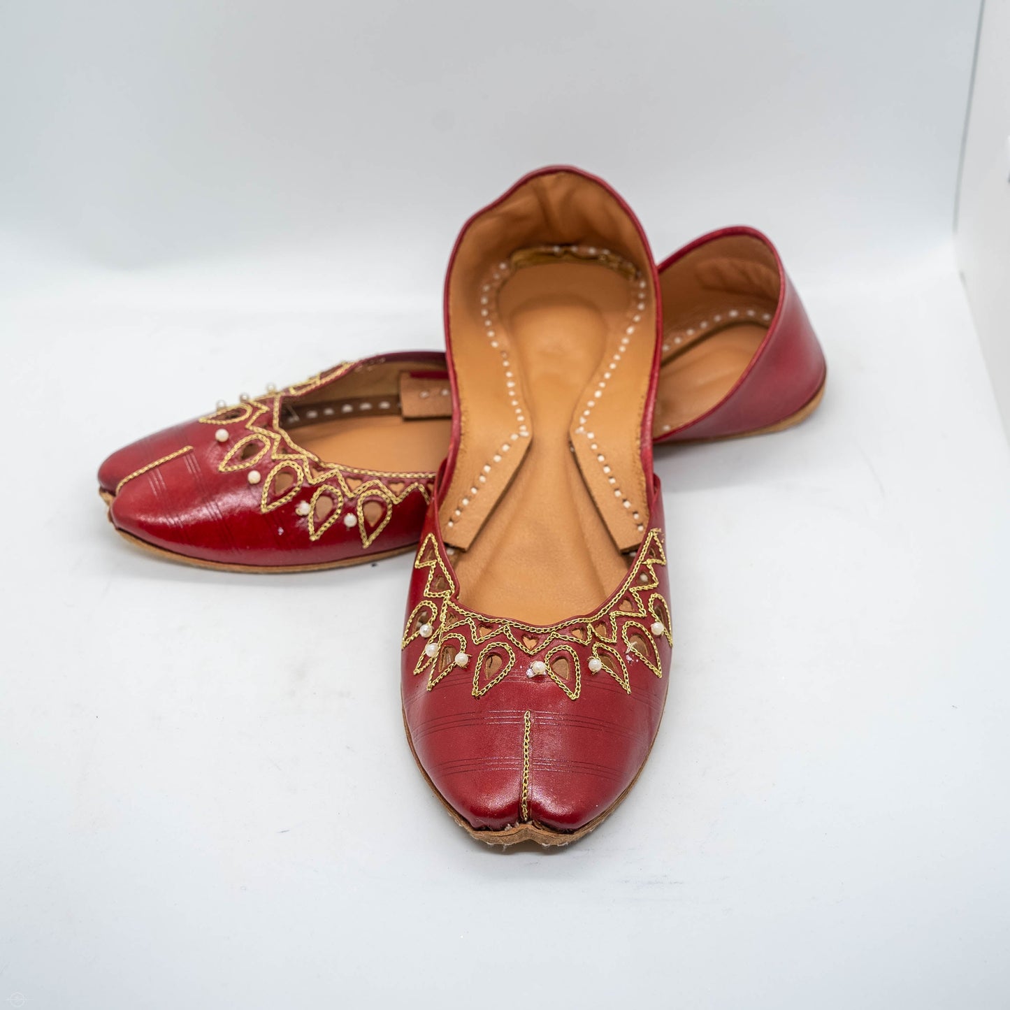 MAROON RED LEATHER KHUSSA PEARLS - Premium Quality Leather Shoes with Beautiful Pearls for Sophisticated Comfort