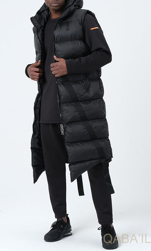 QL Sleeveless Longline Puffer Hooded Gilet Black