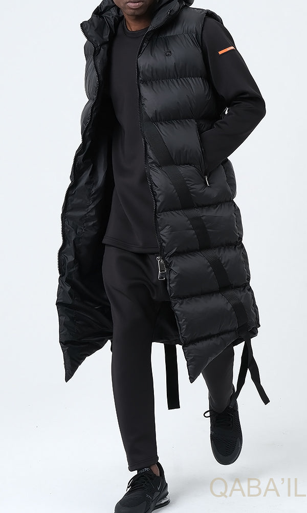 QL Sleeveless Longline Puffer Hooded Gilet Black