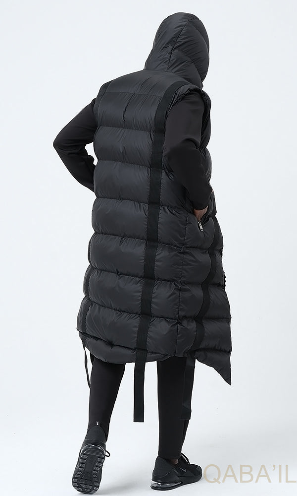 QL Sleeveless Longline Puffer Hooded Gilet Black