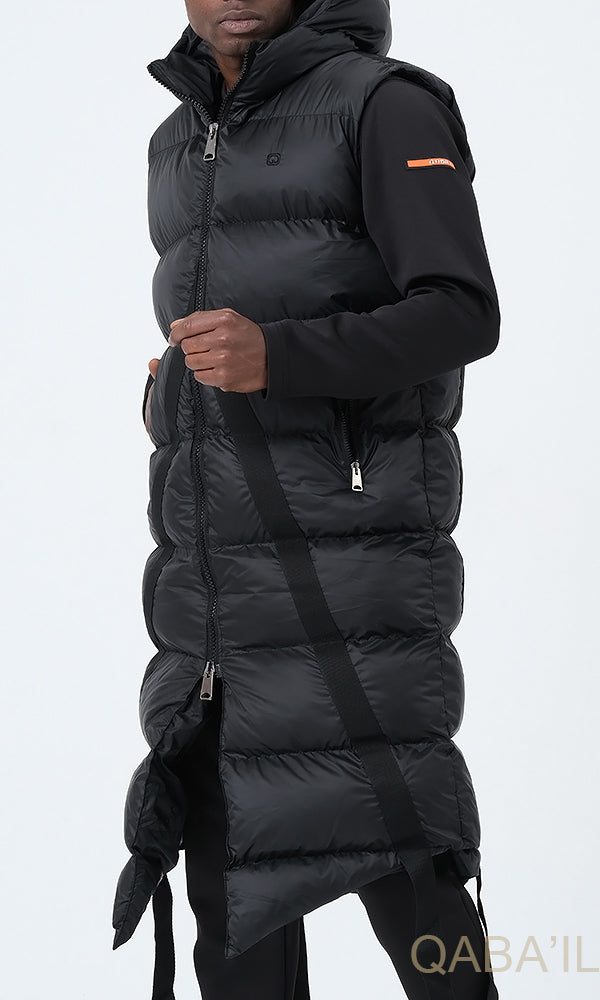 QL Sleeveless Longline Puffer Hooded Gilet Black