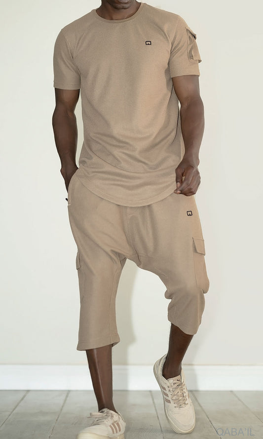 QL IGO Relaxed Cargo Shorts and T-Shirt Set in Taupe