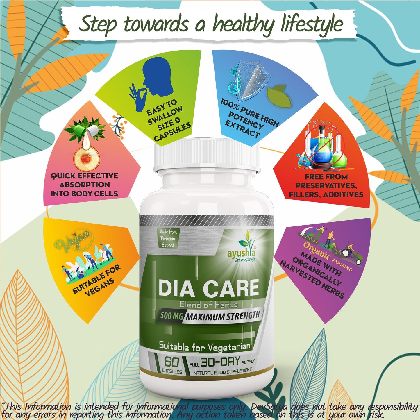 Ayushya Dia Care Capsules (Glucose Care Blend) Glucose Wellness Support - Vegan, Gluten Free, Non-GMO, 60 Capsules