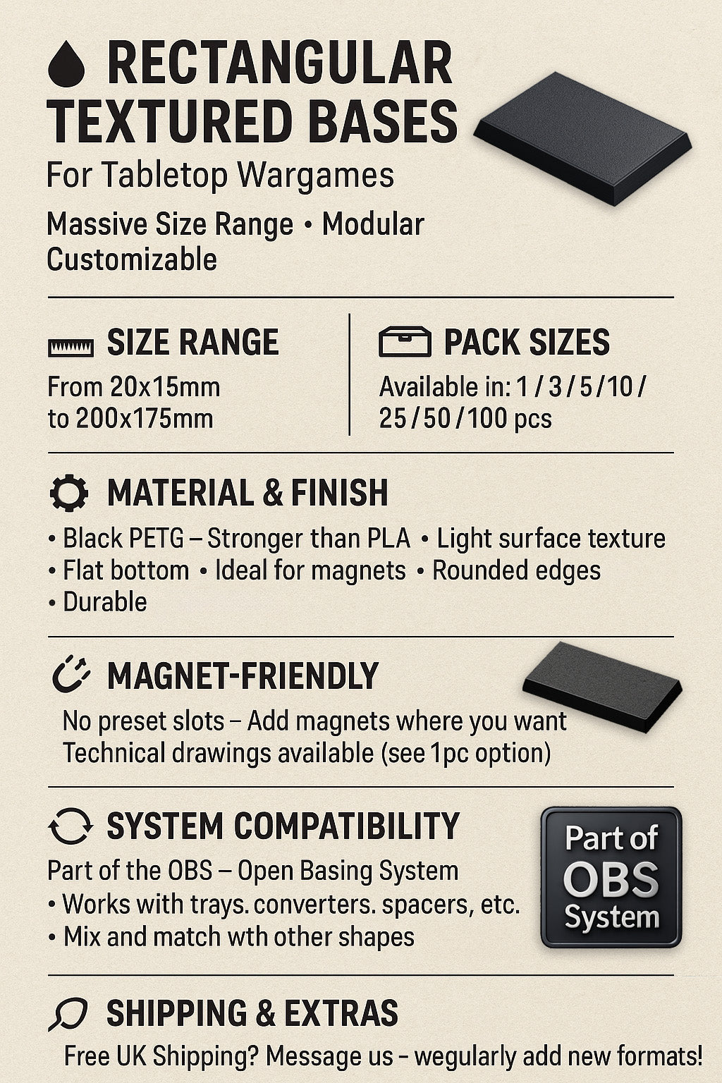 Rectangle Bases Range Sizes - 20x15mm to 75x25mm Small Sizes 3d Print Full Range Tabletop Games