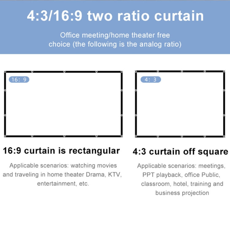 Folding Milk Silk Polyester Projector Film Curtain, 60 inch (16:9) Projection Area: 133 x 75cm, 60 inch (4:3) Projection Area: 120 x 90cm, 72 inch (16:9) Projection Area: 159 x 90cm, 72 inch (4:3) Projection Area: 146 x 110cm                           ...